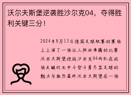 沃尔夫斯堡逆袭胜沙尔克04，夺得胜利关键三分！